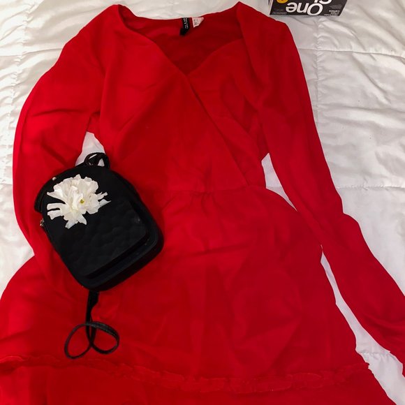 H&M Divided Red Dress Long Sleeve Small Low Cut Mo - Picture 2 of 4